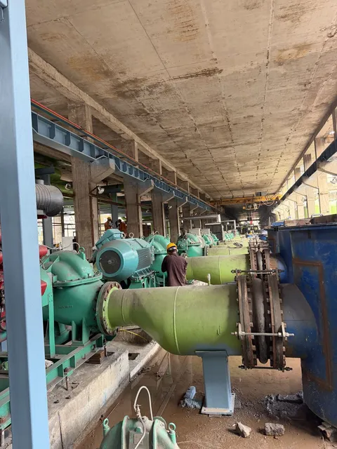 Green pumps and process piping installed in a plant hall